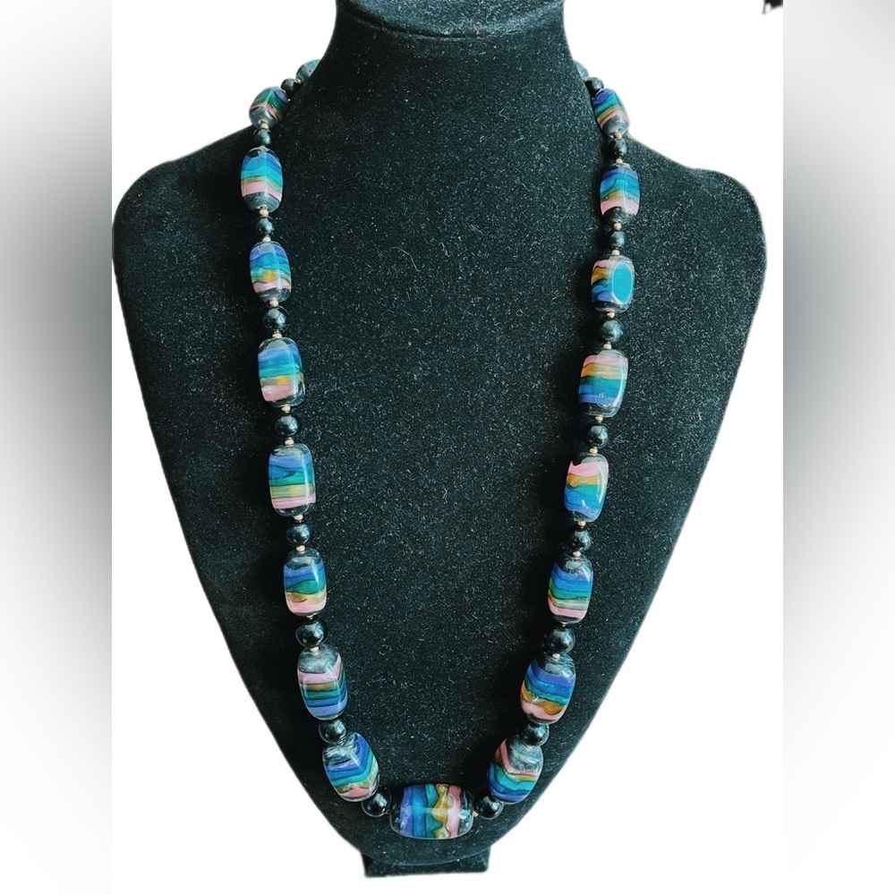 Vintage Lucite Beaded Necklace Multicolor Striped Candy Statement Long Strand